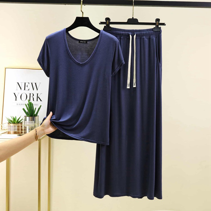 セットアップ レディース 夏 上下セット 半袖 Tシャツ ワイドパンツ モダール 涼しい 大きいサイズ 体型カバー Uネック 部屋着 |  | 04