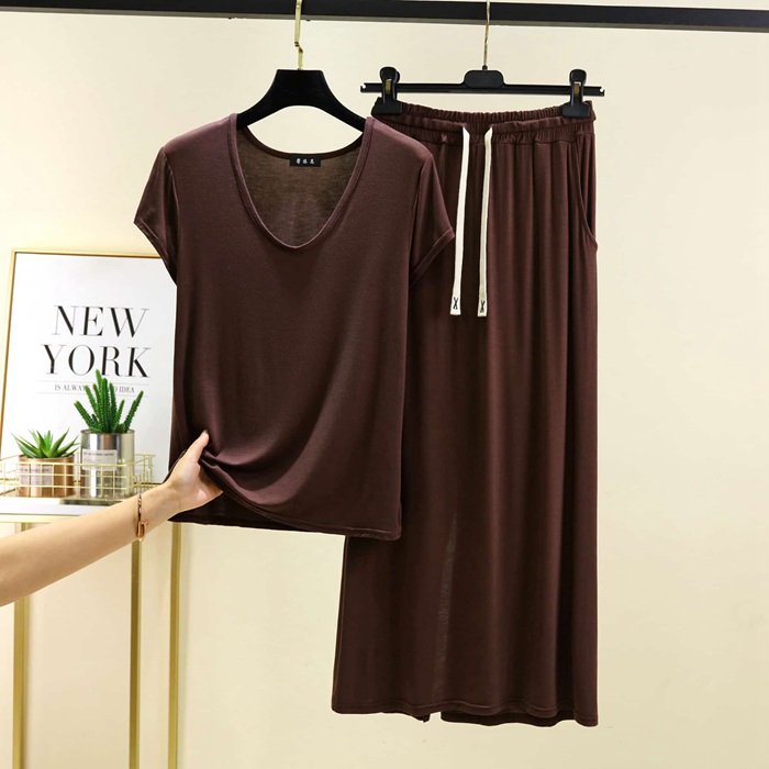 セットアップ レディース 夏 上下セット 半袖 Tシャツ ワイドパンツ モダール 涼しい 大きいサイズ 体型カバー Uネック 部屋着 |  | 05
