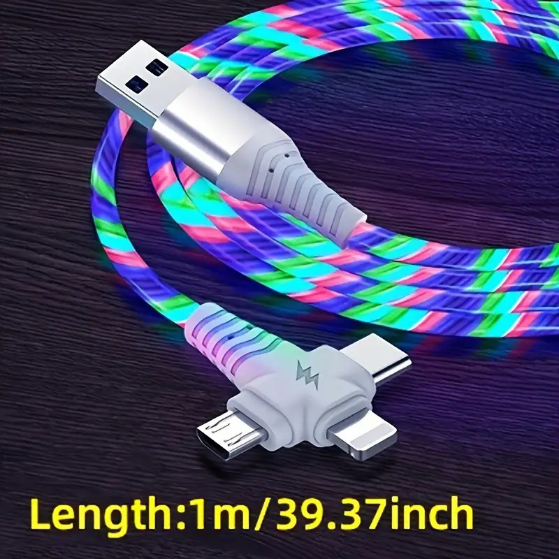 3-in-1 カラフル光る充電ケーブル Micro USB TYPE-C Lightning 1m TPE素材 急速充電 3A LEDライト オシャレ 3種類コネクター スマホ充電コード 車内 |  | 01