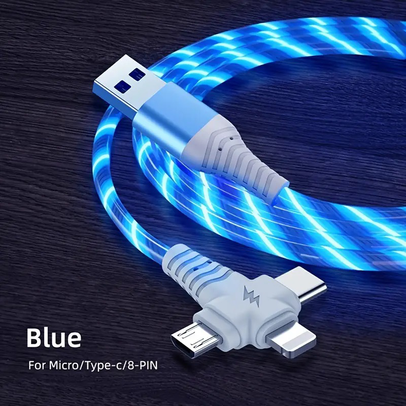 3-in-1 カラフル光る充電ケーブル Micro USB TYPE-C Lightning 1m TPE素材 急速充電 3A LEDライト オシャレ 3種類コネクター スマホ充電コード 車内 |  | 02