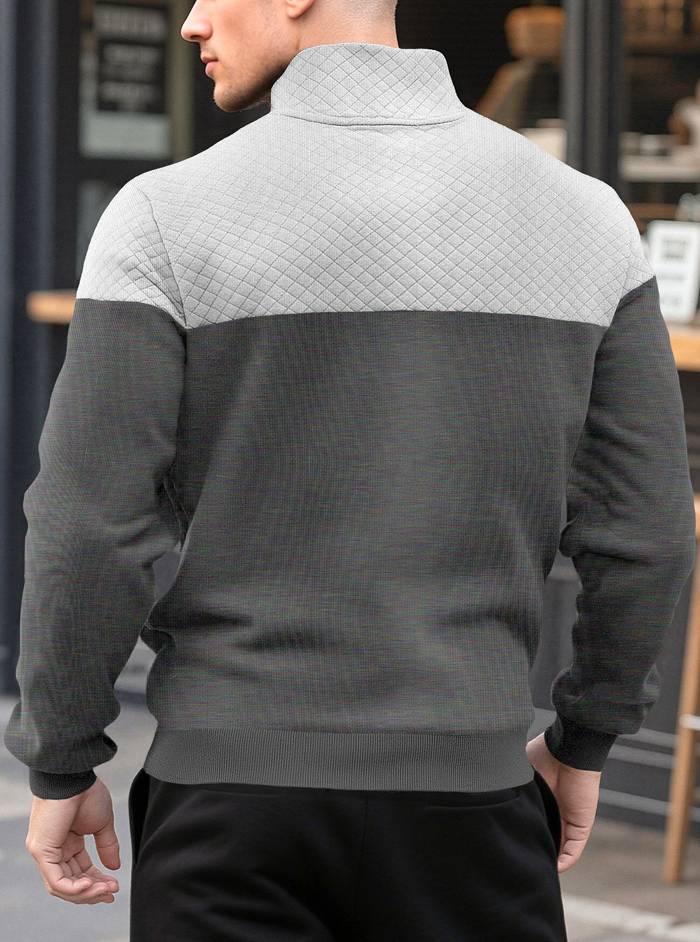 ハーフジップ メンズ ニット ポロシャツ 長袖 立ち襟 切り替え 3D 幾何学柄 カンガルーポケット付き トレーナー スウェット |  | 14