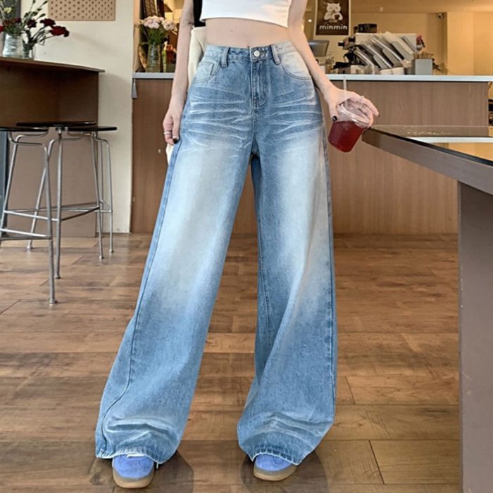 ワイドデニム レディース ワイドパンツ デニム ジーンズ ストレート バギーパンツ ウォッシュ加工 ヒゲ加工 落ち感 |  | 01