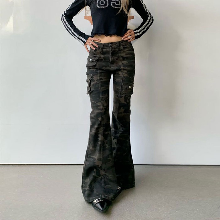 迷彩パンツ レディース フレアデニム ベルボトム カモフラ ワイドパンツ カーゴパンツ 大きいサイズ 着痩せ 体型カ | 