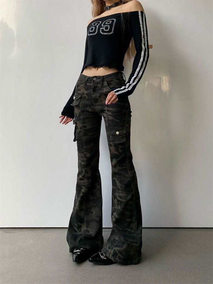 迷彩パンツ レディース フレアデニム ベルボトム カモフラ ワイドパンツ カーゴパンツ 大きいサイズ 着痩せ 体型カ |  | 03