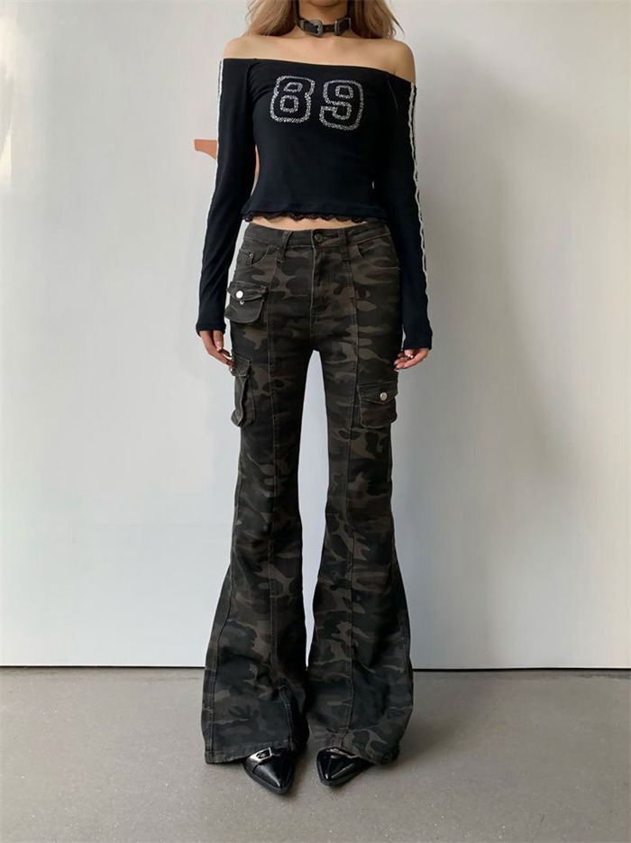 迷彩パンツ レディース フレアデニム ベルボトム カモフラ ワイドパンツ カーゴパンツ 大きいサイズ 着痩せ 体型カ |  | 04