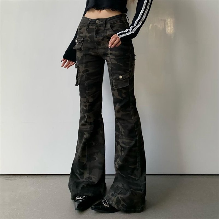 迷彩パンツ レディース フレアデニム ベルボトム カモフラ ワイドパンツ カーゴパンツ 大きいサイズ 着痩せ 体型カ |  | 01