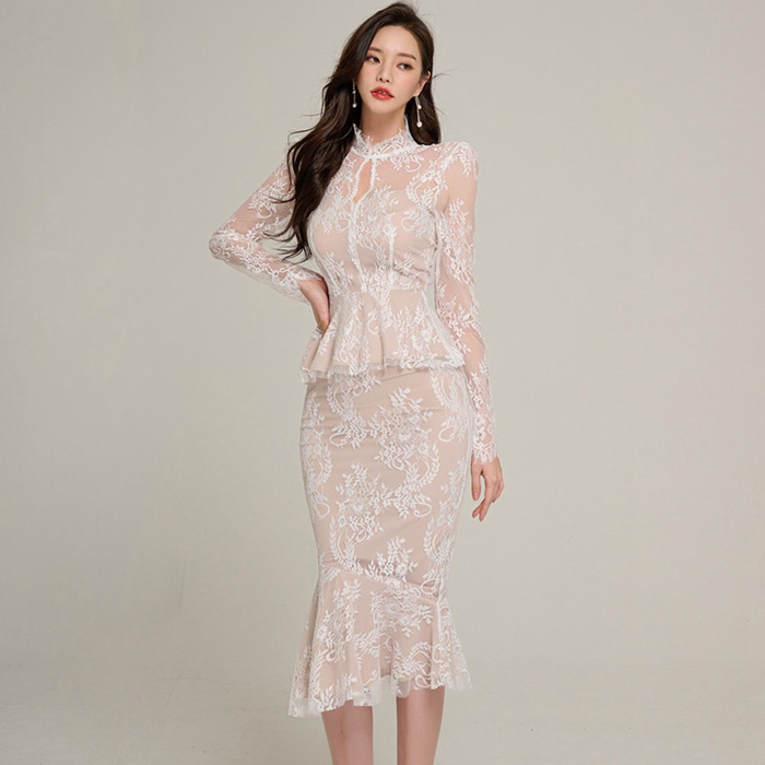 セットアップ タイト 韓国風 レース タイトスカート お嬢様 OL 上品 オフィス 披露宴 二次会 結婚式 入学 |  | 02