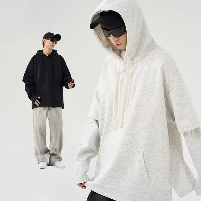 パーカー メンズ 重ね着風 プルパーカー プルオーバー トップス 長袖