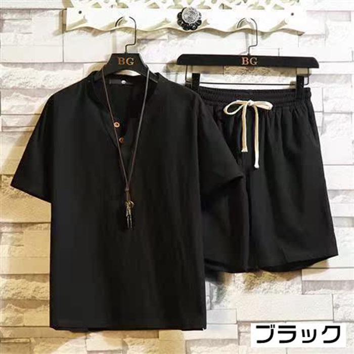 上下セット メンズ 綿麻 セットアップ 夏 薄手 半袖 Tシャツ Vネック ハーフパンツ ウエストゴム ルームウエア 部屋着 |  | 02