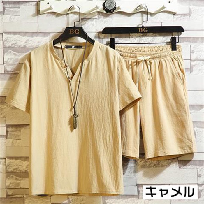 上下セット メンズ 綿麻 セットアップ 夏 薄手 半袖 Tシャツ Vネック ハーフパンツ ウエストゴム ルームウエア 部屋着 |  | 03