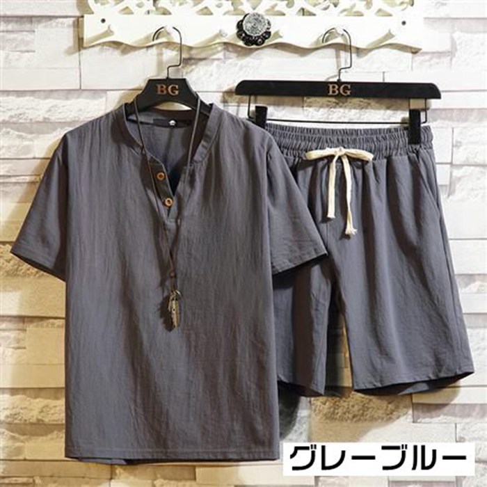上下セット メンズ 綿麻 セットアップ 夏 薄手 半袖 Tシャツ Vネック ハーフパンツ ウエストゴム ルームウエア 部屋着 |  | 04