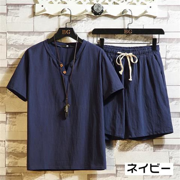 上下セット メンズ 綿麻 セットアップ 夏 薄手 半袖 Tシャツ Vネック ハーフパンツ ウエストゴム ルームウエア 部屋着 |  | 05