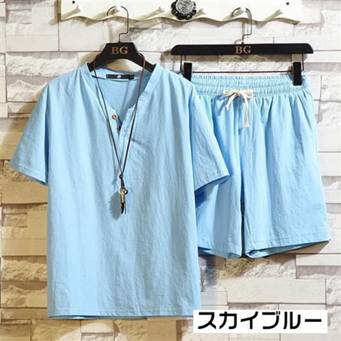 上下セット メンズ 綿麻 セットアップ 夏 薄手 半袖 Tシャツ Vネック ハーフパンツ ウエストゴム ルームウエア 部屋着 |  | 06
