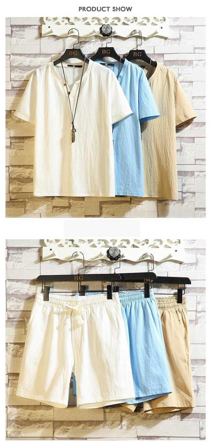 上下セット メンズ 綿麻 セットアップ 夏 薄手 半袖 Tシャツ Vネック ハーフパンツ ウエストゴム ルームウエア 部屋着 |  | 09