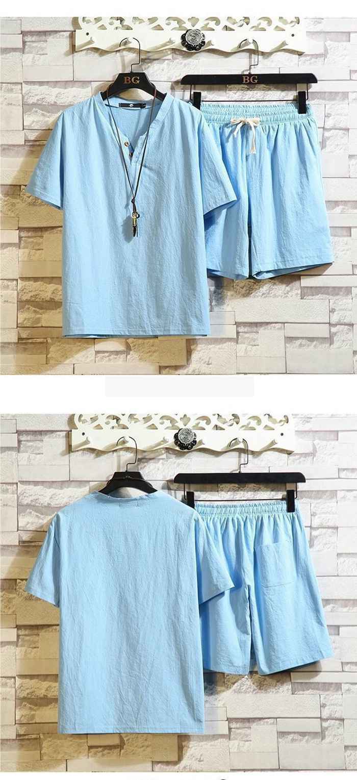 上下セット メンズ 綿麻 セットアップ 夏 薄手 半袖 Tシャツ Vネック ハーフパンツ ウエストゴム ルームウエア 部屋着 |  | 11