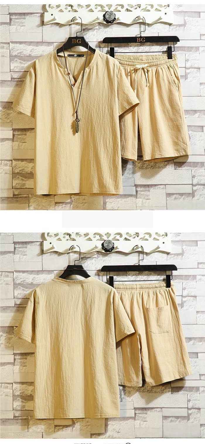 上下セット メンズ 綿麻 セットアップ 夏 薄手 半袖 Tシャツ Vネック ハーフパンツ ウエストゴム ルームウエア 部屋着 |  | 12