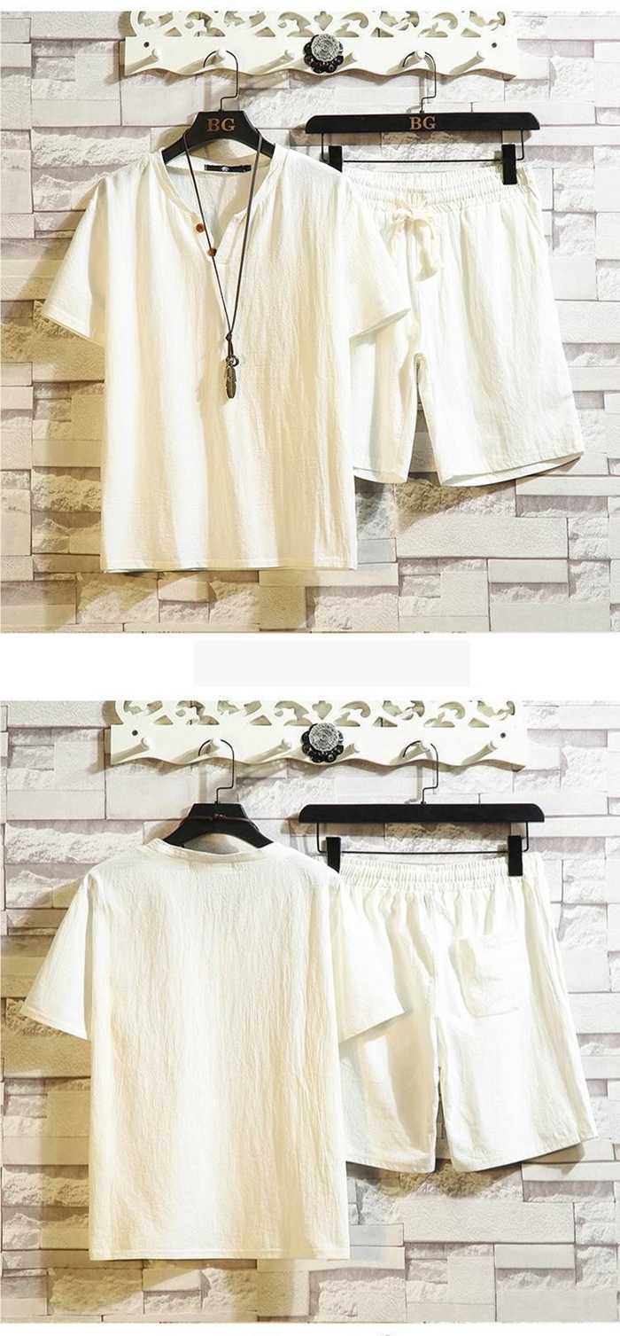 上下セット メンズ 綿麻 セットアップ 夏 薄手 半袖 Tシャツ Vネック ハーフパンツ ウエストゴム ルームウエア 部屋着 |  | 13