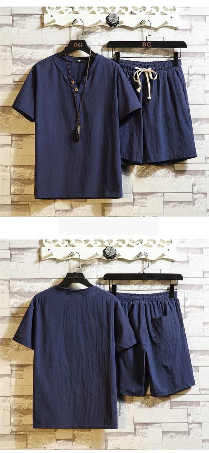 上下セット メンズ 綿麻 セットアップ 夏 薄手 半袖 Tシャツ Vネック ハーフパンツ ウエストゴム ルームウエア 部屋着 |  | 14