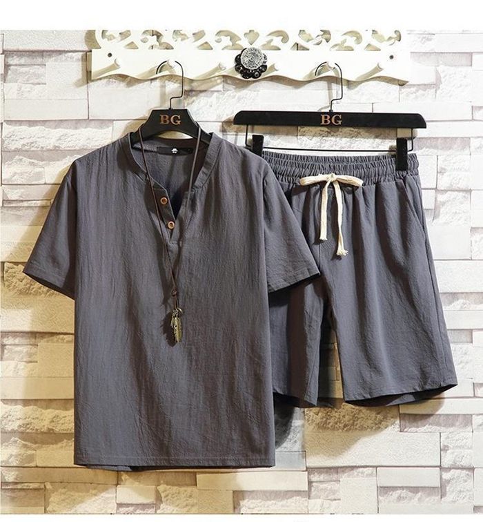 上下セット メンズ 綿麻 セットアップ 夏 薄手 半袖 Tシャツ Vネック ハーフパンツ ウエストゴム ルームウエア 部屋着 |  | 15