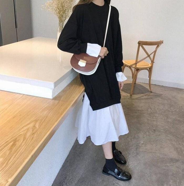 ワンピース 大きいサイズ モード系 重ね着風 レイヤード デザイン ワンピース ロング丈 ミモレ マキシ 長袖 ストリート系 |  | 06