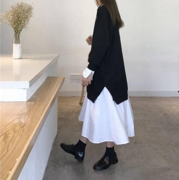 ワンピース 大きいサイズ モード系 重ね着風 レイヤード デザイン ワンピース ロング丈 ミモレ マキシ 長袖 ストリート系 |  | 08