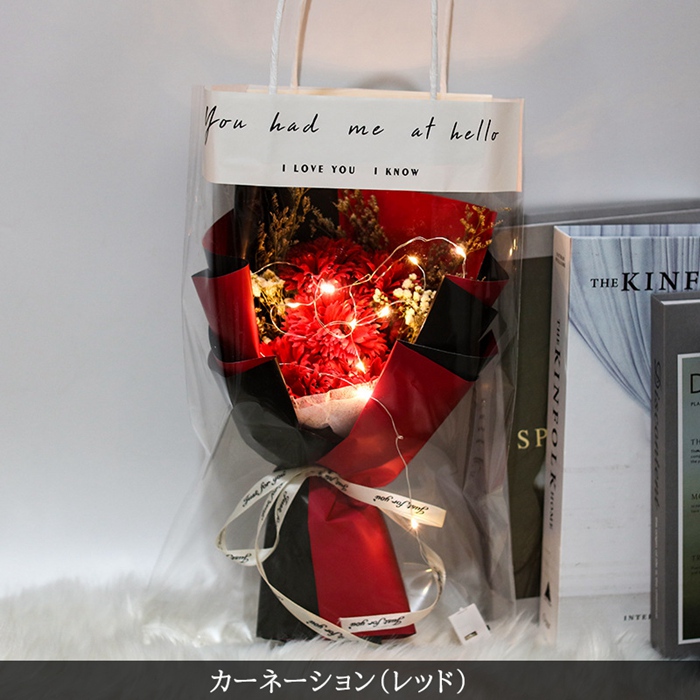 ソープフラワー 花束  手提げ袋付き カーネーション バラ LEDライト付き イルミネーションライト ブーケ 枯れない花 造花 石鹸花 プレゼント ギフト |  | 01