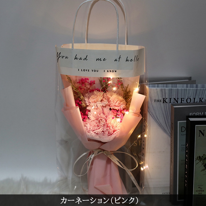 ソープフラワー 花束  手提げ袋付き カーネーション バラ LEDライト付き イルミネーションライト ブーケ 枯れない花 造花 石鹸花 プレゼント ギフト |  | 02