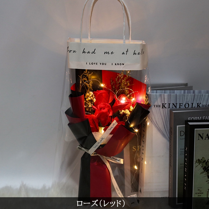 ソープフラワー 花束  手提げ袋付き カーネーション バラ LEDライト付き イルミネーションライト ブーケ 枯れない花 造花 石鹸花 プレゼント ギフト |  | 03