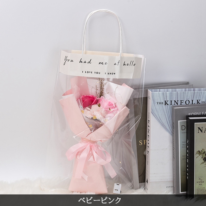 ソープフラワー 花束  カーネーション バラ 3輪 手提げ袋付き ブーケ 枯れない花 花 造花 石鹸花 プレゼント ギフト 母の日 誕生日 贈り物 |  | 01