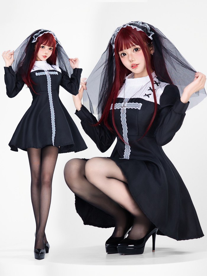 シスター コスプレ ハロウィン 巫女 十字架 3点セット レース 衣装 セクシー コスチューム 仮装 レディース かわいい | 