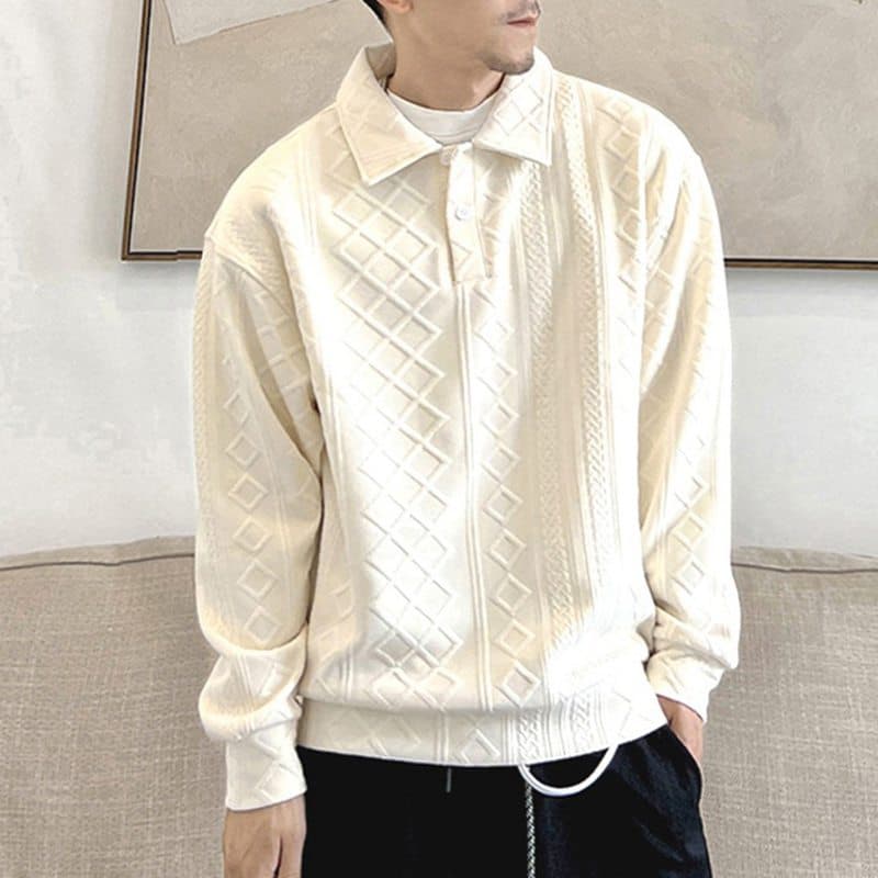 ポロ襟 ワッフル トレーナメンズ 長袖 tシャツ ジャガード ゴルフシャツ トップス 無地 ゴルフウェア ゆったり 体型カバー |  | 04