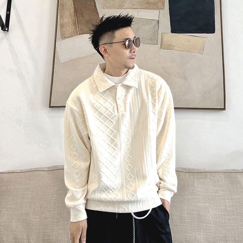 ポロ襟 ワッフル トレーナメンズ 長袖 tシャツ ジャガード ゴルフシャツ トップス 無地 ゴルフウェア ゆったり 体型カバー |  | 01