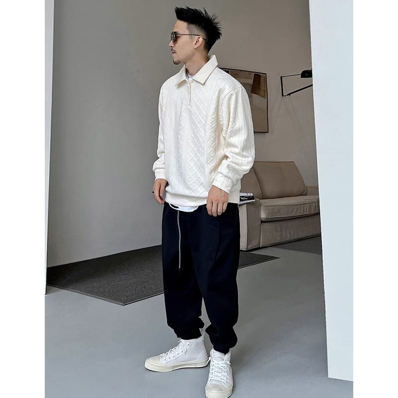 ポロ襟 ワッフル トレーナメンズ 長袖 tシャツ ジャガード ゴルフシャツ トップス 無地 ゴルフウェア ゆったり 体型カバー |  | 02