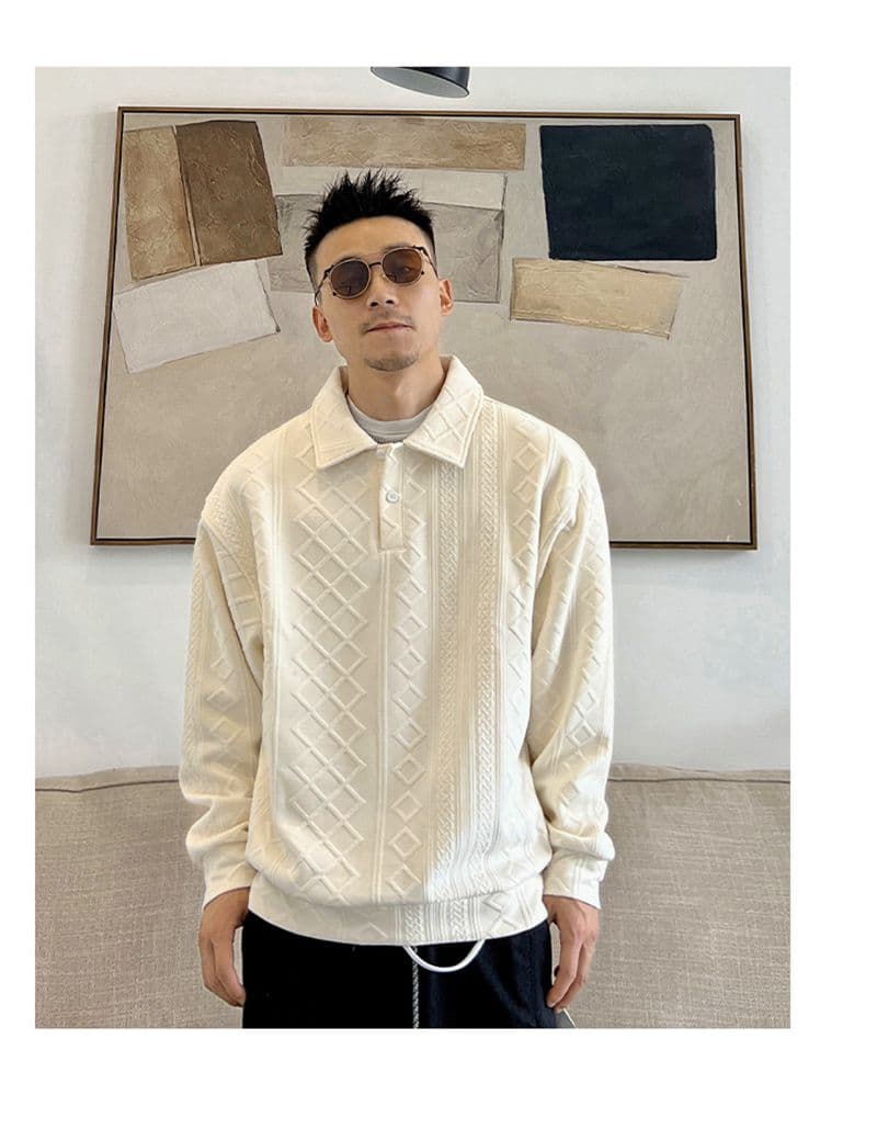 ポロ襟 ワッフル トレーナメンズ 長袖 tシャツ ジャガード ゴルフシャツ トップス 無地 ゴルフウェア ゆったり 体型カバー |  | 06