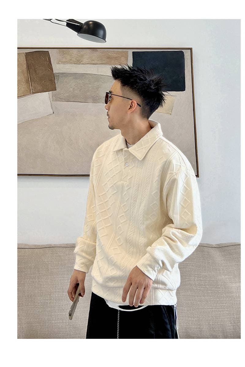 ポロ襟 ワッフル トレーナメンズ 長袖 tシャツ ジャガード ゴルフシャツ トップス 無地 ゴルフウェア ゆったり 体型カバー |  | 07