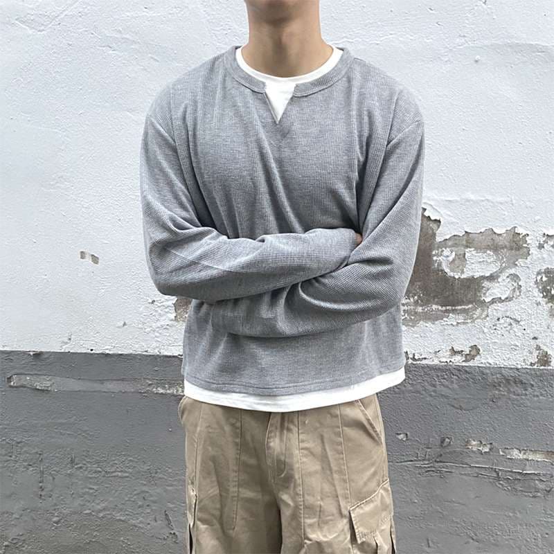 ワッフル tシャツ メンズ 長袖 重ね着風レイヤード風 Vネック トップス ゆったり 体型カバー 大きいサイズ おしゃれ きれい |  | 01
