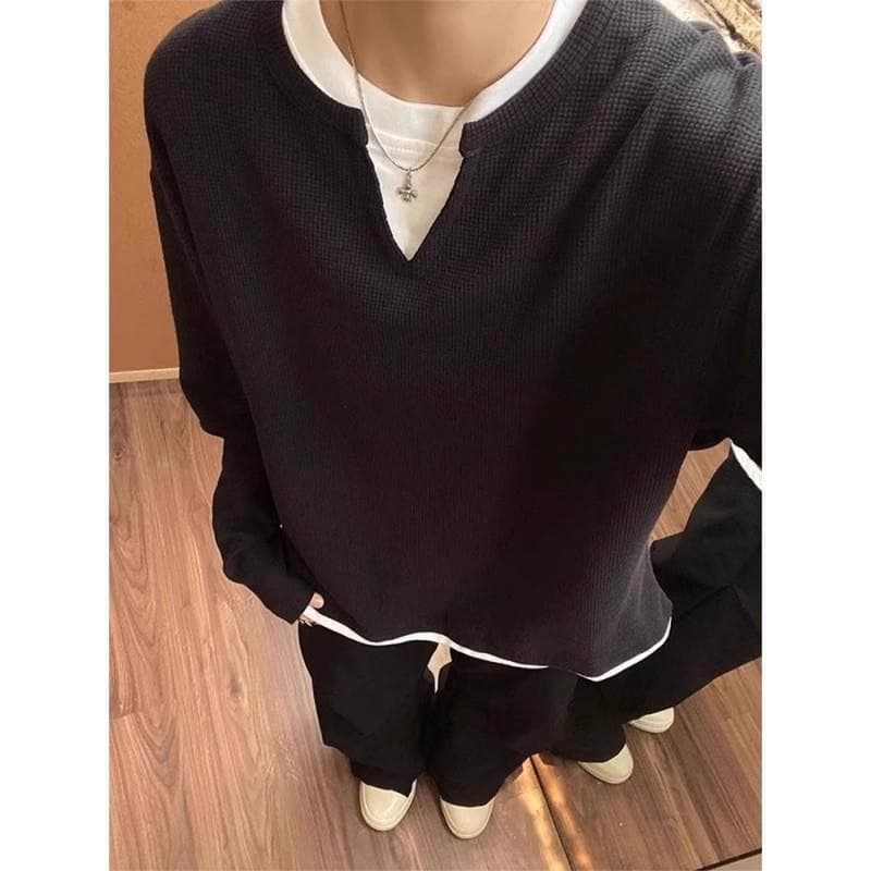 ワッフル tシャツ メンズ 長袖 重ね着風レイヤード風 Vネック トップス ゆったり 体型カバー 大きいサイズ おしゃれ きれい |  | 02