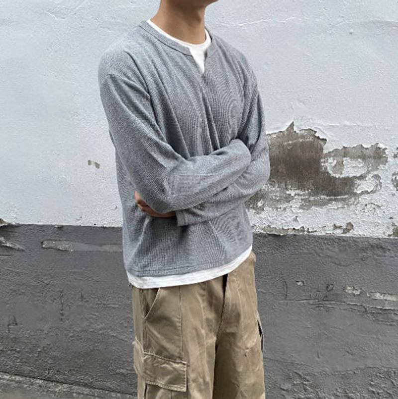 ワッフル tシャツ メンズ 長袖 重ね着風レイヤード風 Vネック トップス ゆったり 体型カバー 大きいサイズ おしゃれ きれい |  | 05