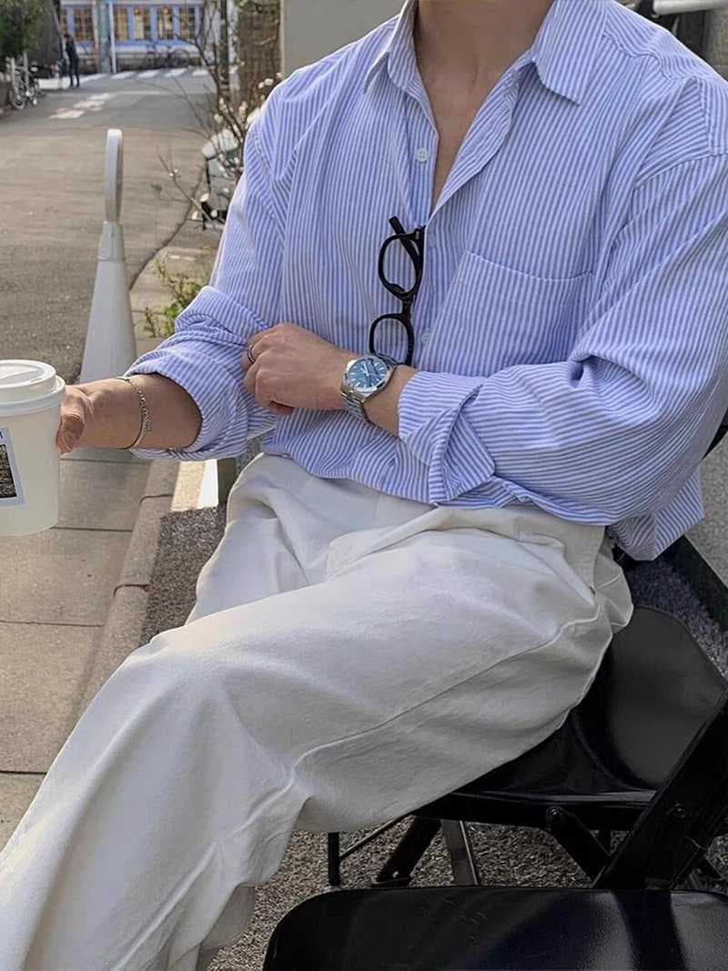 カジュアルシャツ メンズ長袖 ストライプ柄 ボタンダウン ポケット付き 開襟 シャツ トップス おしゃれ きれいめ カッコイイ |  | 05