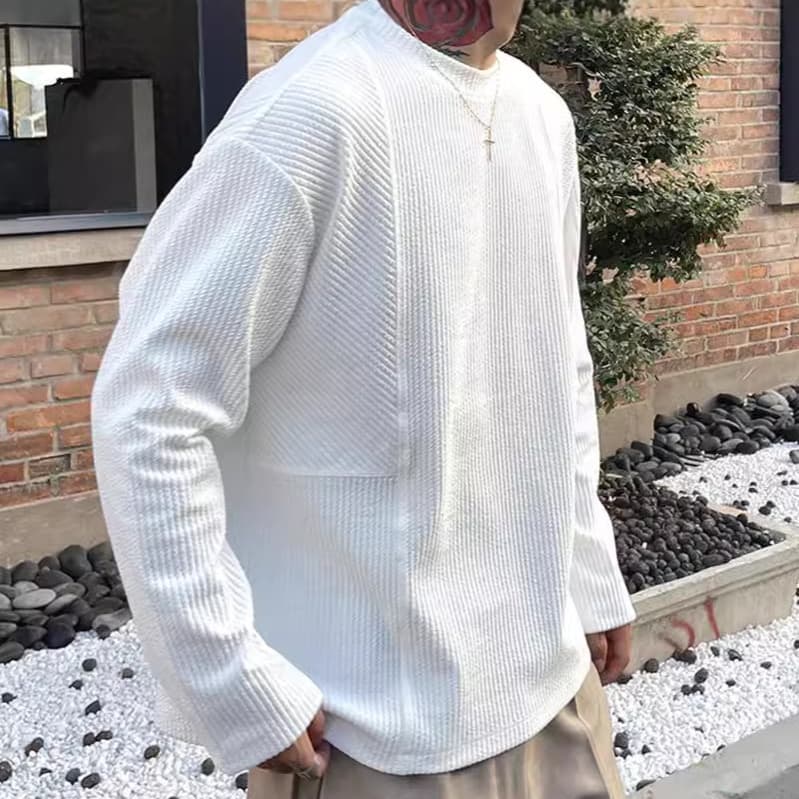 ワッフル tシャツ メンズ ジャガード 切り替え 長袖 カットソー クルーネック 無地 肌触り インナー トップス ゆったり 体型 |  | 05