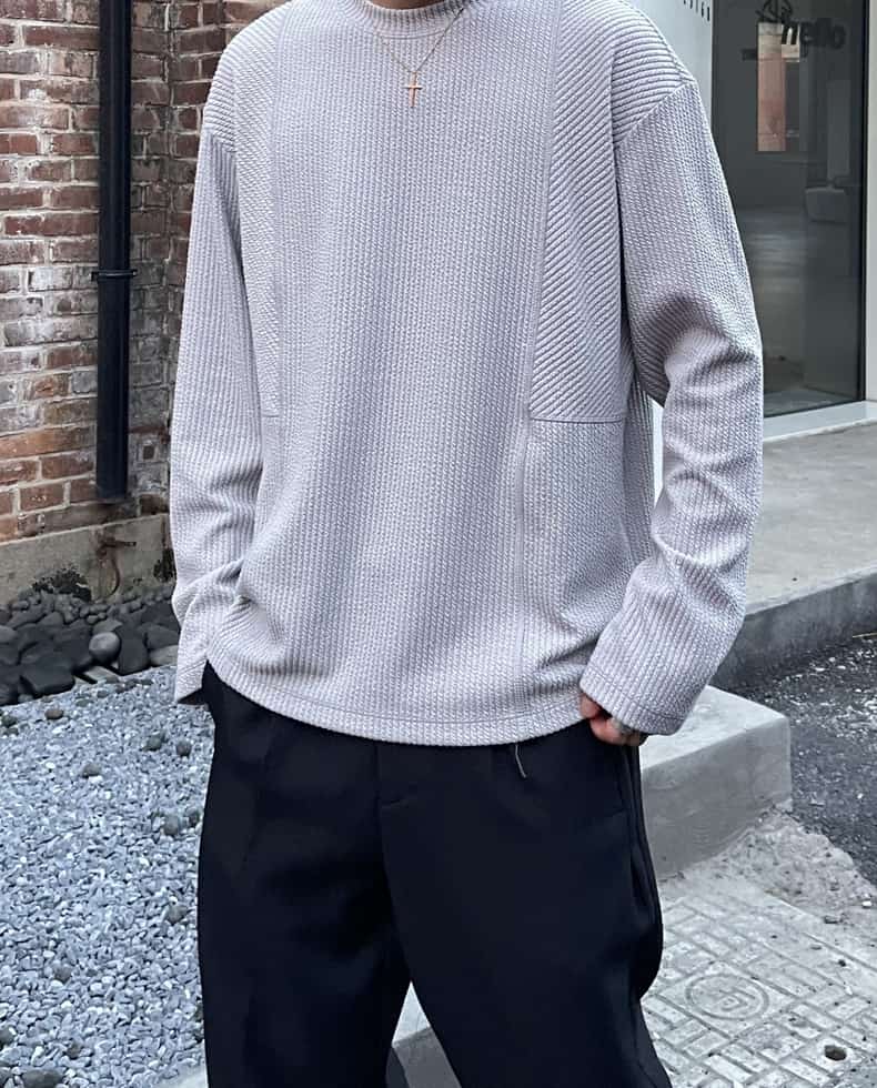 ワッフル tシャツ メンズ ジャガード 切り替え 長袖 カットソー クルーネック 無地 肌触り インナー トップス ゆったり 体型 |  | 15