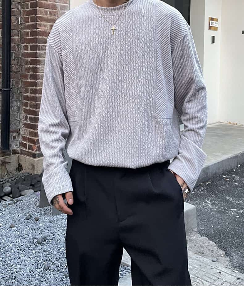 ワッフル tシャツ メンズ ジャガード 切り替え 長袖 カットソー クルーネック 無地 肌触り インナー トップス ゆったり 体型 |  | 16