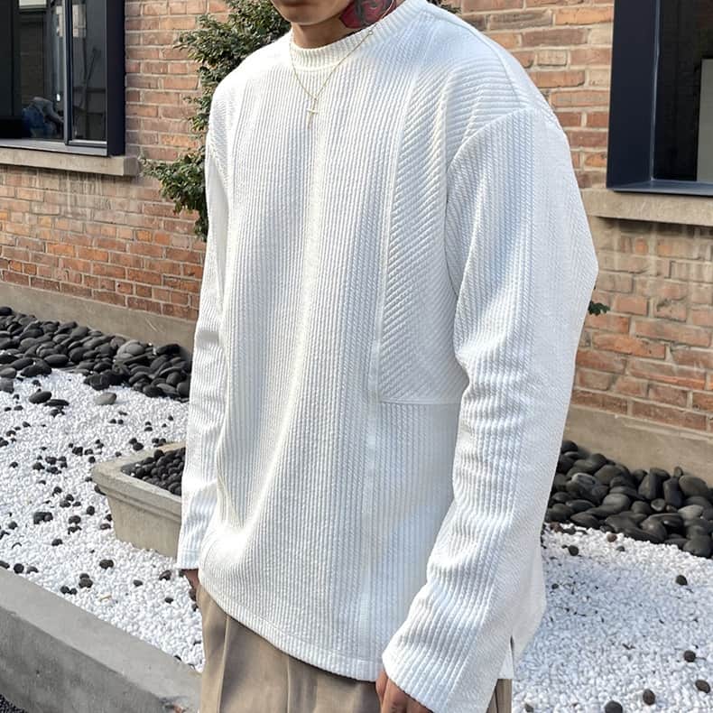 ワッフル tシャツ メンズ ジャガード 切り替え 長袖 カットソー クルーネック 無地 肌触り インナー トップス ゆったり 体型 |  | 01