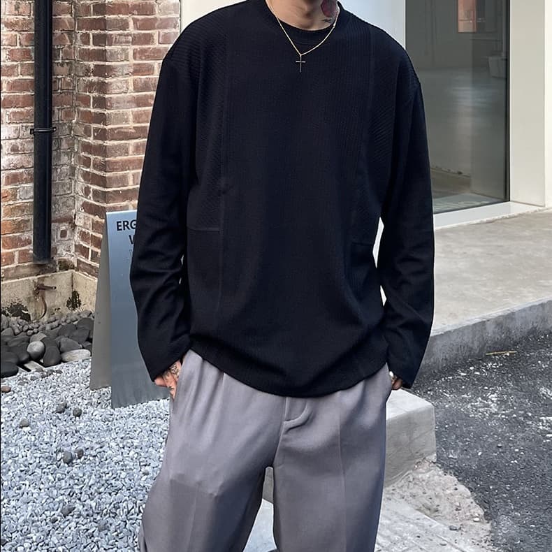 ワッフル tシャツ メンズ ジャガード 切り替え 長袖 カットソー クルーネック 無地 肌触り インナー トップス ゆったり 体型 |  | 02