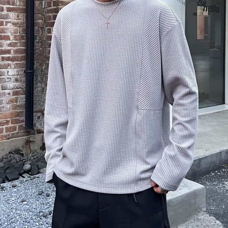 ワッフル tシャツ メンズ ジャガード 切り替え 長袖 カットソー クルーネック 無地 肌触り インナー トップス ゆったり 体型 |  | 03