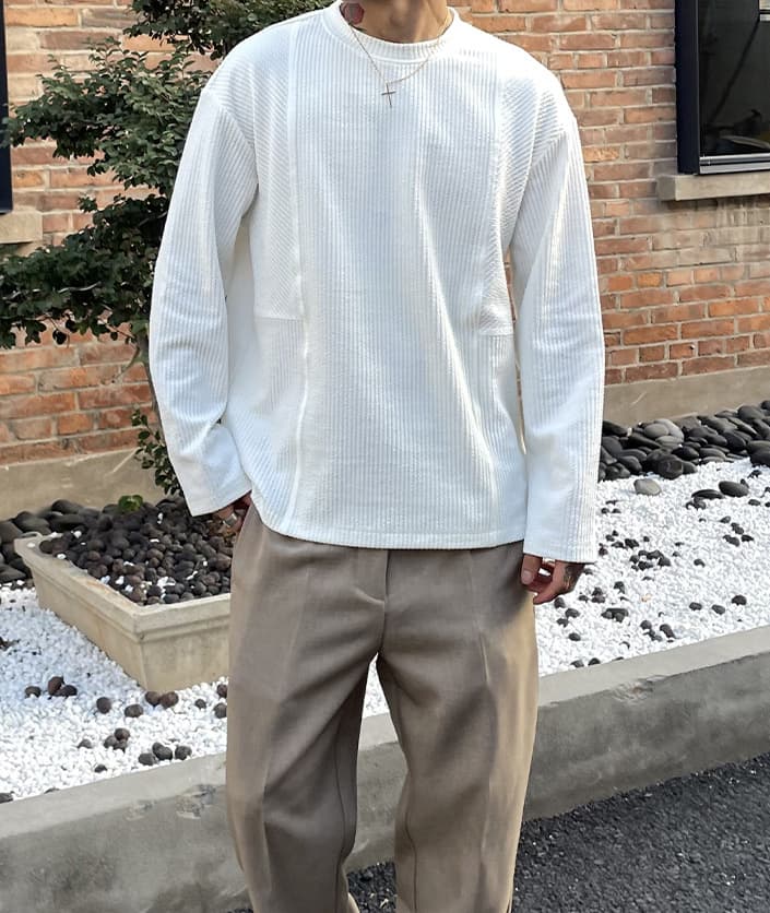 ワッフル tシャツ メンズ ジャガード 切り替え 長袖 カットソー クルーネック 無地 肌触り インナー トップス ゆったり 体型 |  | 08