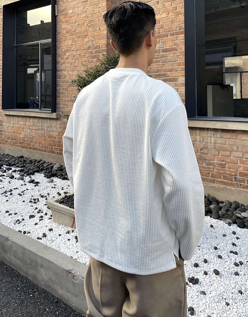 ワッフル tシャツ メンズ ジャガード 切り替え 長袖 カットソー クルーネック 無地 肌触り インナー トップス ゆったり 体型 |  | 09