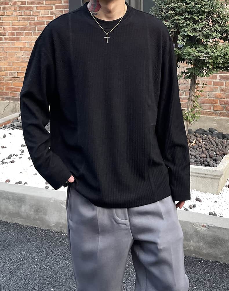 ワッフル tシャツ メンズ ジャガード 切り替え 長袖 カットソー クルーネック 無地 肌触り インナー トップス ゆったり 体型 |  | 12