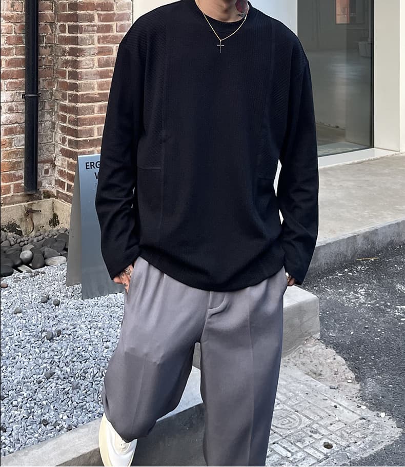 ワッフル tシャツ メンズ ジャガード 切り替え 長袖 カットソー クルーネック 無地 肌触り インナー トップス ゆったり 体型 |  | 13