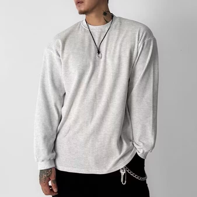 ワッフル tシャツ メンズ長袖tシャツ 長袖 カットソー 裾スリット クルーネック 無地 インナー トップス 大きいサイズ おし |  | 05